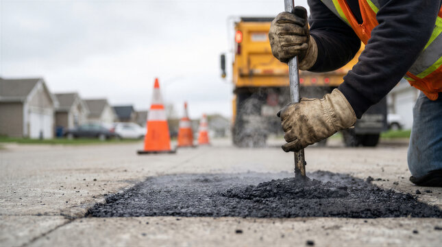 Road construction worker repairing a pothole with hot asphalt and a hand tool on a suburban street