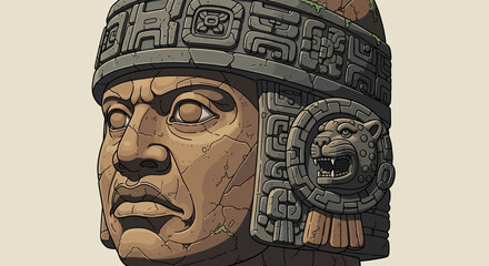 Ancient Aztec Stone Head Sculpture with Jaguar Headdress, Mesoamerican Art © yanto