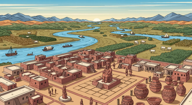 Ancient Desert City with River and Farmland, Illustration