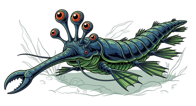 Ancient Cambrian Sea Creature with Multiple Eyes and Pincers, Anomalocaris Illustration