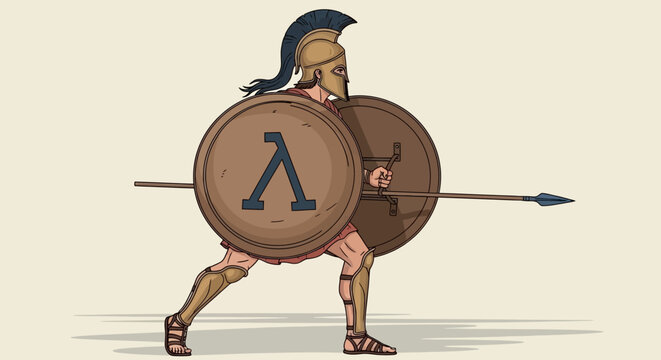 Ancient Greek Spartan warrior with shield and spear, historical illustration