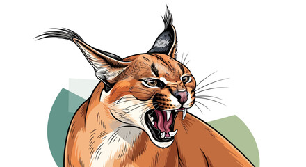 Angry Caracal Wild Cat Roaring with Bared Teeth and Tipped Ears, Illustration © yanto