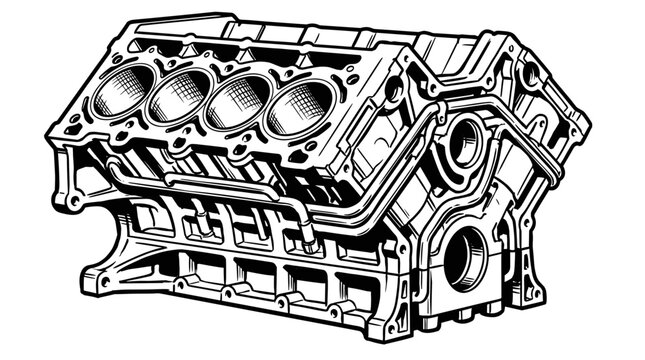 V8 Engine Block Illustration Detailed Mechanical Component.