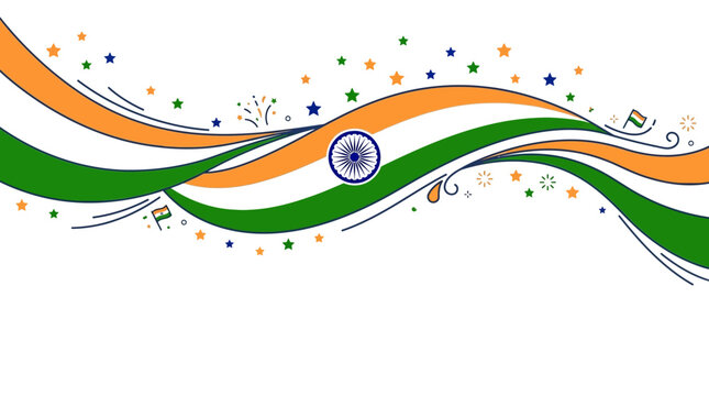 Abstract Indian flag tricolor wavy banner with Ashoka Chakra.