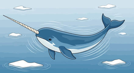 Arctic Narwhal Whale Swimming in Icy Ocean Water with Ice Floes © yanto