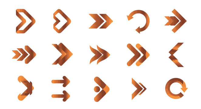 Collection of modern vibrant gradient arrow icons in various shapes including curved, straight, and diagonal pointers for digital interfaces, navigation menus, and business infographics.