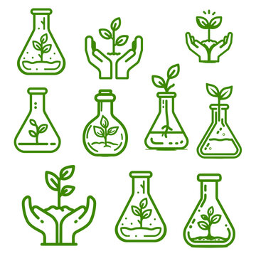 Eco Bio Plant Research Line Icon Set, Two Hands Sprout Flask Vector(친환경 바이오 식물 연구 라인 아이콘 세트, 두 손 새싹 플라스크 벡터 일러스트)
