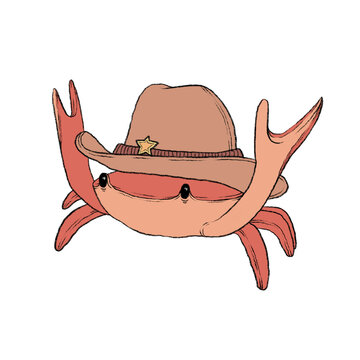Cute hand drawn cowboy crab in a brown western hat with sheriff star, funny cartoon sea animal character, rustic style marine clipart isolated on white background
