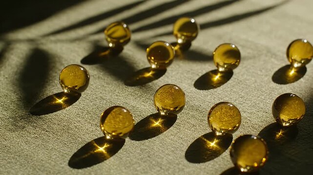 Close up of golden capsules with leaf shadow on textured surface