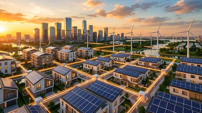 Futuristic residential area with solar panels on rooftops and wind turbines at sunset with glowing power lines connecting houses to the city grid