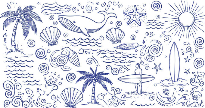 Tropical beach scene, ocean waves, palm trees, whale, seashells, starfish, surfer silhouette, summer vacation, seaside adventure, flat vector illustration