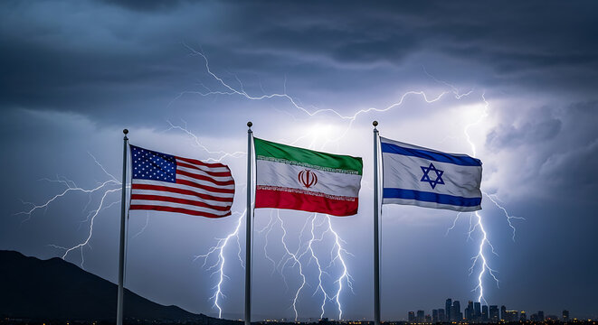 Flags of the united states, iran, and israel displayed together under a dark stormy sky with powerful lightning strikes in the background, at night