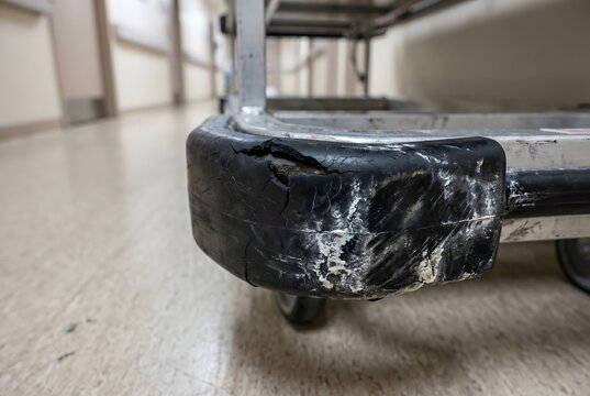 Close-up POV of torn rubber stretcher corner bumper with scuff marks and sanitizer scale
