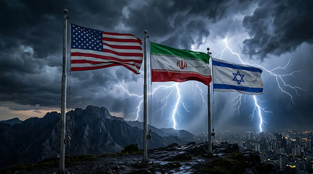 United states, iran, and israel flags waving on a rocky cliffside during a severe thunderstorm with lightning bolts striking the dark night sky