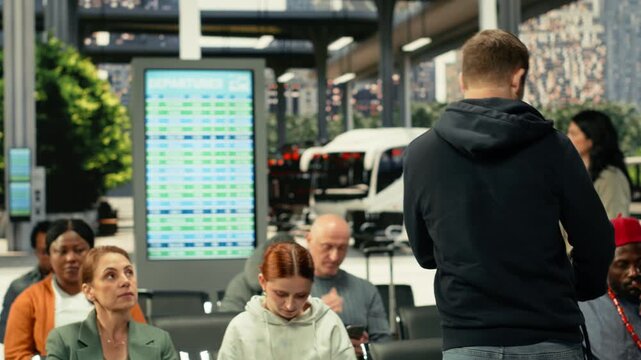 Busy bus station with travelers waiting for express and sleeper bus routes. Multicultural passengers with baggage sitting in waiting area before long-distance interstate journey,