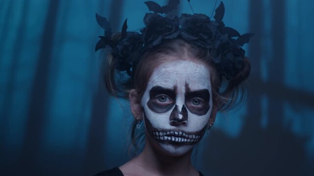 Portrait of little girl wearing skeleton face paint and bat headwear. Child looking at camera with spooky expression creating dark Halloween mood