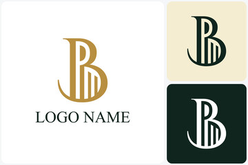 An elegant corporate identity logo featuring a stylized letter B integrated with vertical straight lines resembling columns or bars. The graphic template is displayed in gold, dark green, and white. © rafara