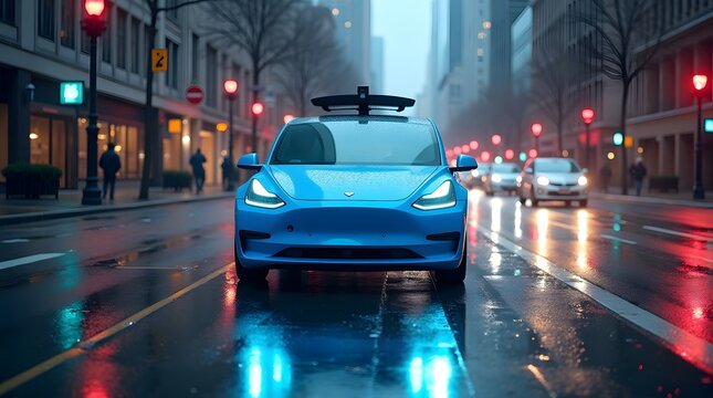 A blue driverless taxi on a downtown street with AI‑vision highlights outlining cars, pedestrians, and traffic signals