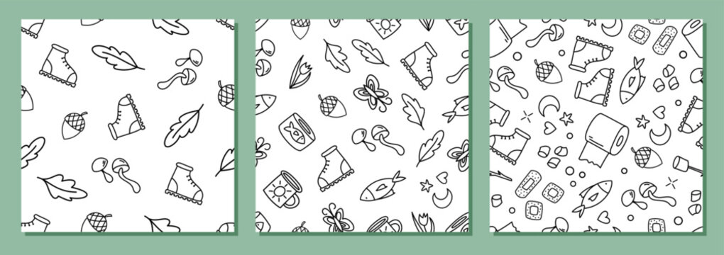 Seamless camping set in line sketch style pattern. Outdoor equipment and adventure pattern for hiking and trekking. Nature collection with doodle elements for camp, perfect summer gear