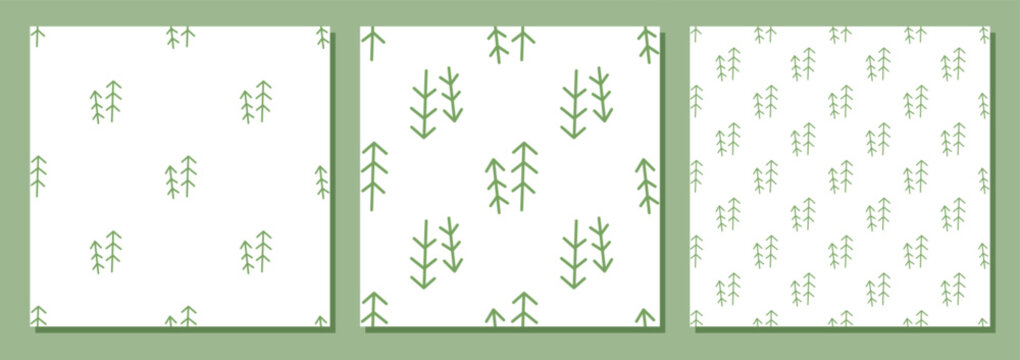 Green forest nature seamless doodle pattern with outline tree elements set. Colorful collection of camp and travel set, background for outdoor adventure and pattern concepts.
