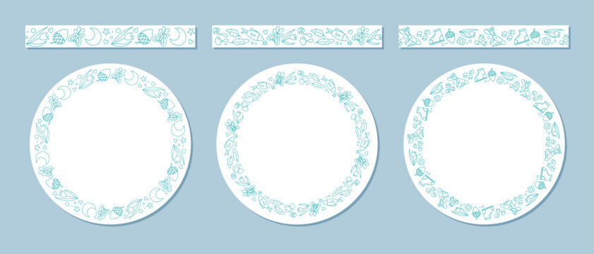Seamless adventure doodle border set in outline style with circle decoration pattern. Mountain and forest travel, outdoor hiking, and camp nature element, hand drawn for modern projects, blue color