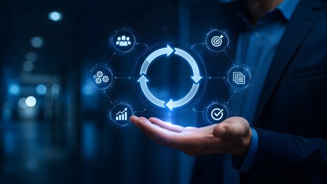 Modern business professional presenting glowing circular loop hologram symbolizing continuous process improvement and sustainable strategy
