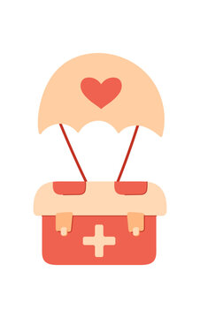 Blood donation aid with heart symbol. Healthcare help appears as emergency hospital kit. Charity blood transfusion concept and donation support for people, humanitarian care and hope, minimal flat