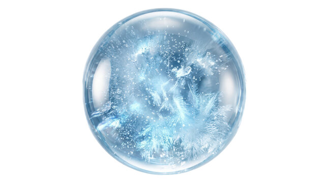 Frosted blue glass sphere with intricate ice crystals and bubbles inside