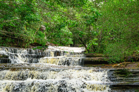 A tranquil scene of water flowing over rocky steps, enveloped by vibrant green foliage in Colombia's natural landscape.