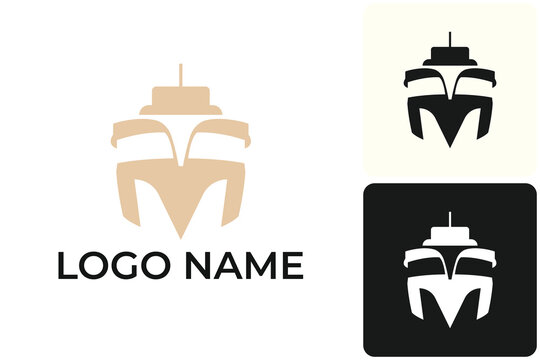 A modern minimalist corporate icon combining the alphabet letter M with the geometric silhouette of a large marine vessel, cruise ship, or container ship from a front view angle.