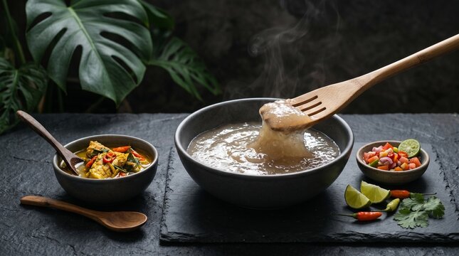 Elegant Papeda Sagu Papua presentation with modern rustic styling, suitable for gourmet branding, culinary campaigns, and Indonesian food editorials.