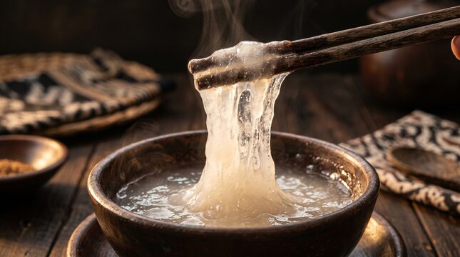 Detailed close-up of sticky Papeda Sagu texture with warm rustic atmosphere, suitable for culinary branding and Indonesian food storytelling.