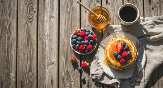 Sunny Pancake Breakfast Flat Lay on Rustic Wood with Berries and Coffee