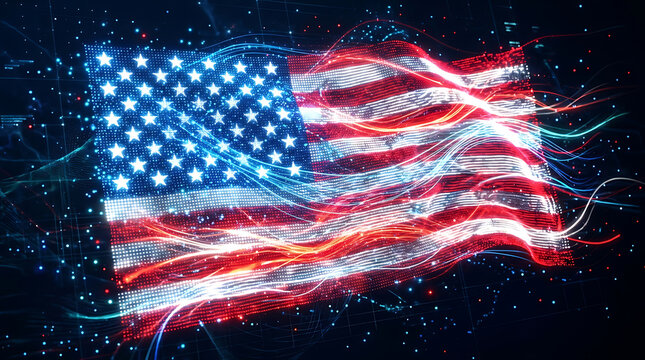 Waving american flag with swirling neon light trails and digital particles on a dark background, representing speed data, and cyber security