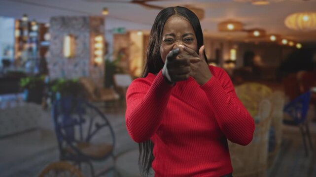 Woman points finger like a finger gun and covers mouth with hand in a cafe lounge, red sweater visible; playful teasing.