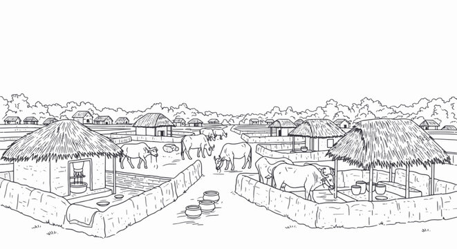 Black and White Line Art Illustration of India Featuring Iconic Landmarks, Cultural Symbols, Traditional Architecture, and Decorative Elements on a Plain White Background.