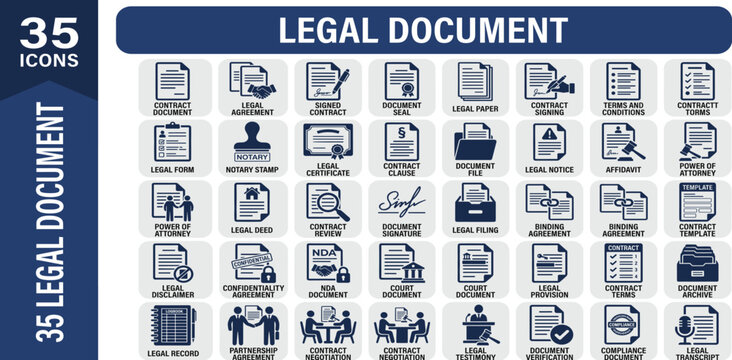 Legal document solid icon set for contracts, agreement, certificate, diploma, compliance, paperwork, business documentation, and legal workflow ui.