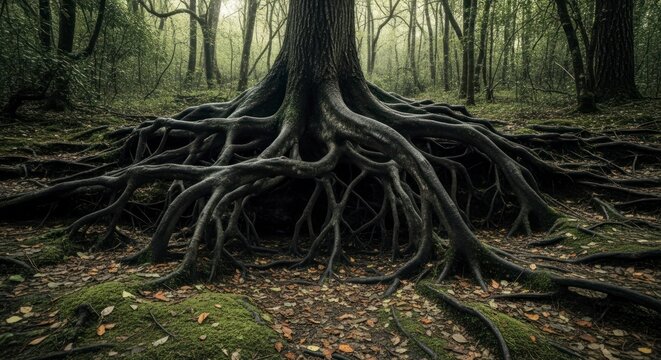 Labyrinthine Roots of an Ancient Tree in a Moody, Moss-Covered Forest