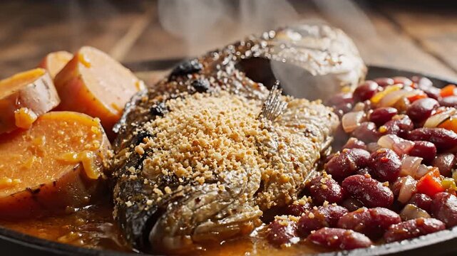 Delicious Roasted Pork Dish with Beans and Sweet Potatoes.