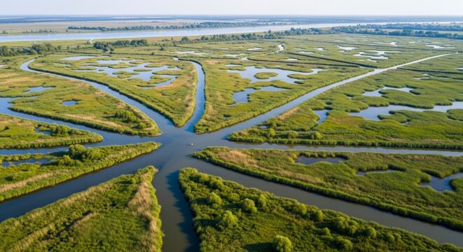 Radiating Waterways of a Lush Delta Converging in a Natural Starburst Pattern.