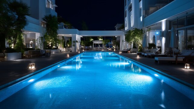 Modern hotel swimming pool at night with glowing underwater lights, cinematic resort atmosphere with luxury travel and elegant hospitality concept.