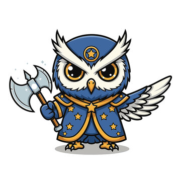 Detailed vector illustration of a celestial executioner owl wearing ornate dark armor with gold filigree, holding a cosmic battle axe against a background of stars and nebulous space.