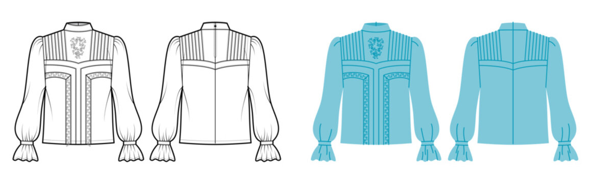 Blouse with pintuck panels, embroidery detailing and high neckline with long sleeves gathered cuffs creating decorative structured silhouette. Technical fashion illustration in black white color