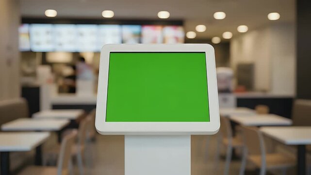 A modern self service kiosk with a vibrant green screen displayed in the center of a spacious fast food restaurant interior for customer ordering and quick digital transactions