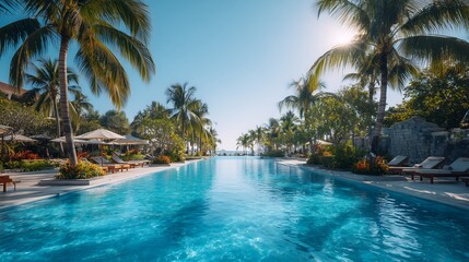 Fototapeta premium Hotel swimming pool surrounded by palm trees and lounge chairs, tropical holiday destination concept with relaxing luxury resort atmosphere.