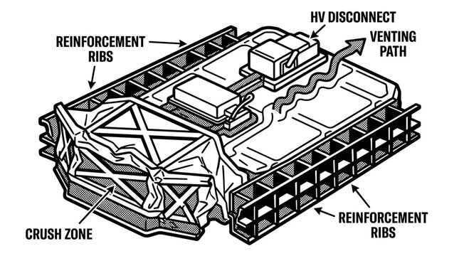 Diagram of an electric vehicle battery pack with labeled components.