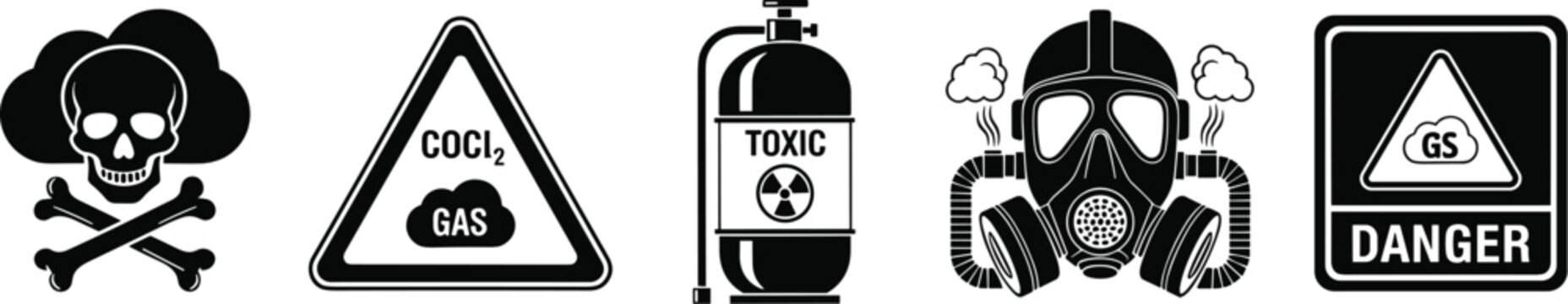 Toxic gas hazard warning skull crossbones phosgene COCl₂ danger mask cylinder safety symbol chemical poison alert flat vector illustration