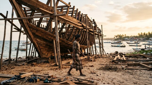Boatbuilder Working on Traditional Wooden Boat Frame at Coastal Beach
