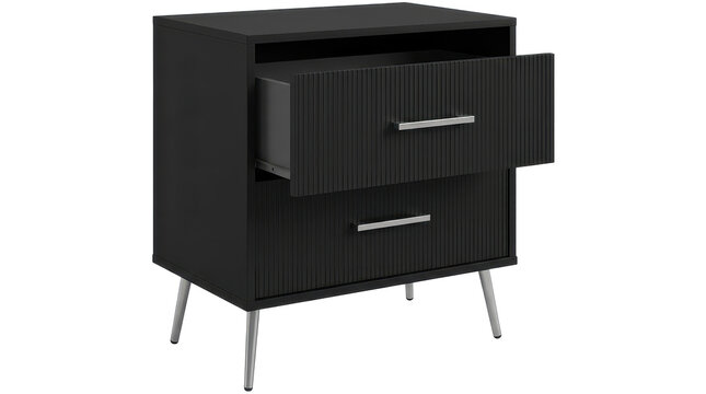 Modern Black Nightstand with Open Drawer and Sleek Silver Legs