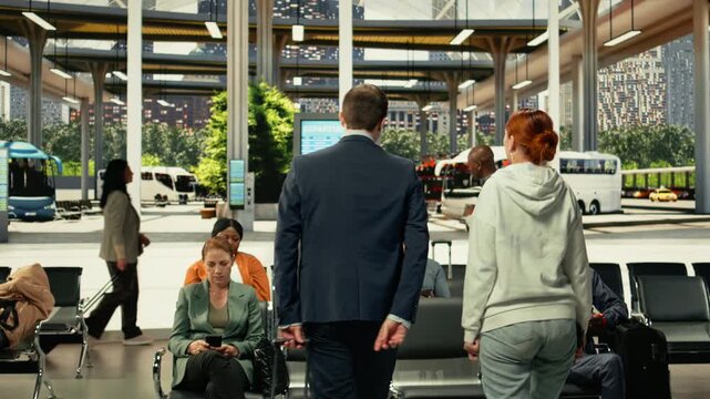 Young couple waiting in crowded bus terminal before long-haul interstate journey. Man and woman with luggage and carry-on bags check departure board screen, affordable overnight coach travel.